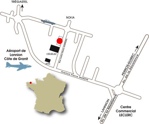 plan d'acces pour l'imprimerie chevalier a lannion entre l'aeroport et le centre leclerc