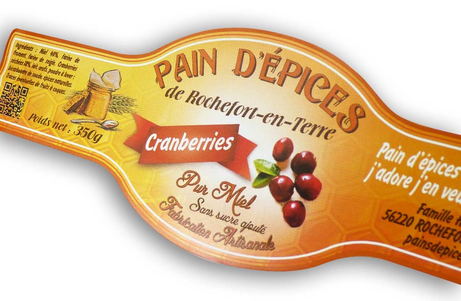 Etiquette pain d’épices cranberries de Rochefort en Terre dans le Morbihan, famille humeau, sur papier super mat adhésif lavable